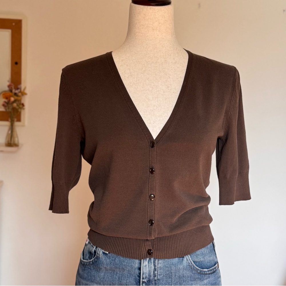 Ann Taylor Short Sleeve Chocolate Brown V-Neck Cardigan Size Small